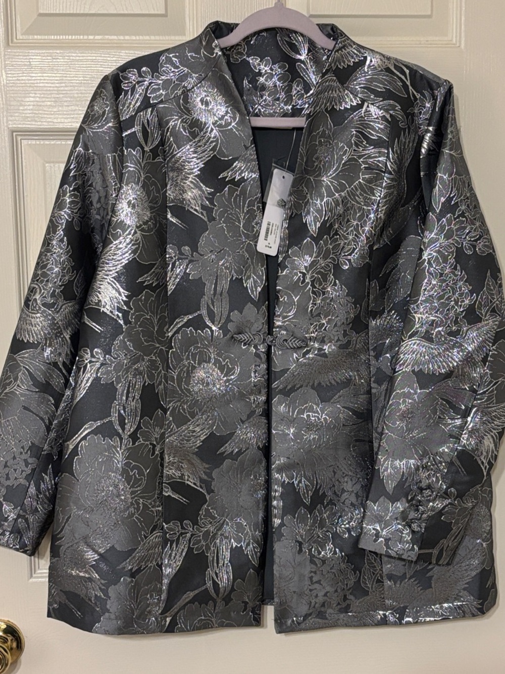 Soft Surroundings Black and Silver Floral Cranes Metallic Jacquard Jacket